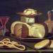Still Life with bread, cheese, wine and pretzels